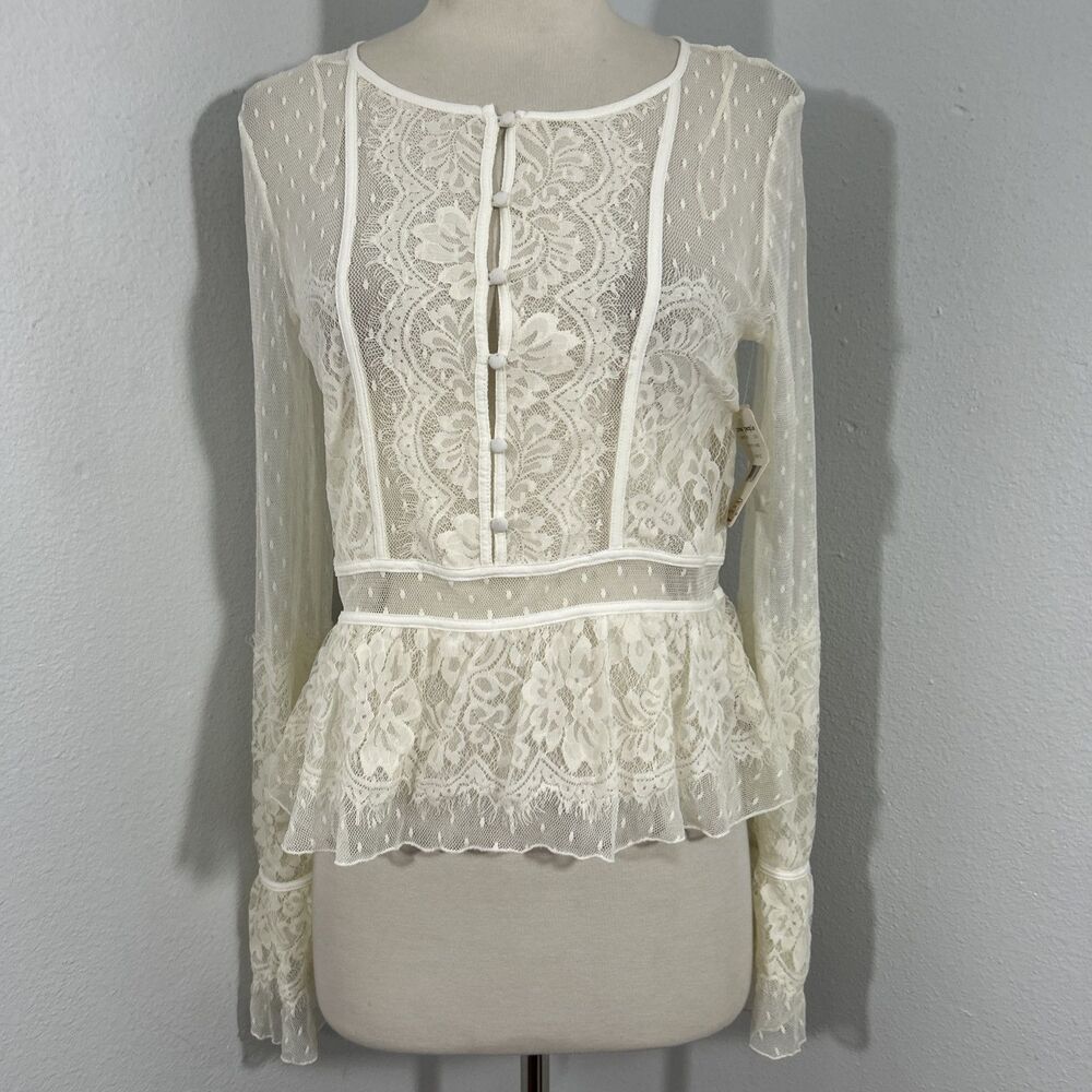 Free People Top Womens XS Ivory Comb Penelope Peplum Lace Fairy 90s Y2K